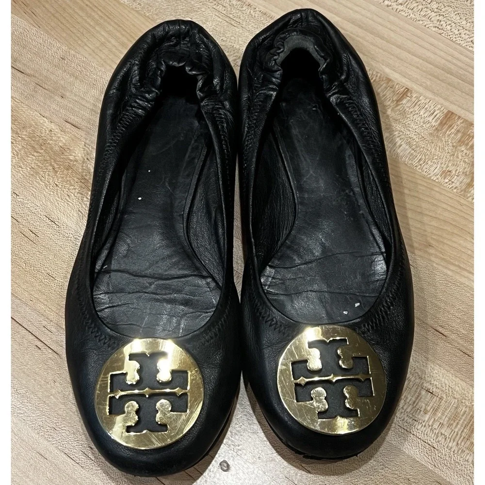 Tory Burch Reva Black Leather‎ Ballet Flats Women's Size 7